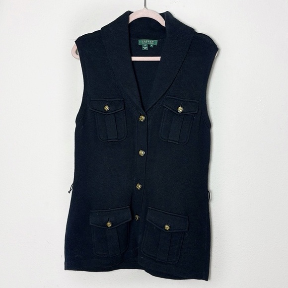 Ralph Lauren sleeveless vest sweater w/ front signature pony gold buttons size M - Picture 1 of 8